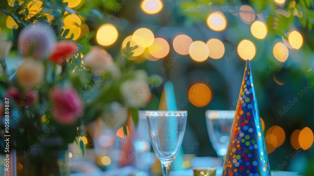 Poster blurred greenery and pops of color from party hats and table settings