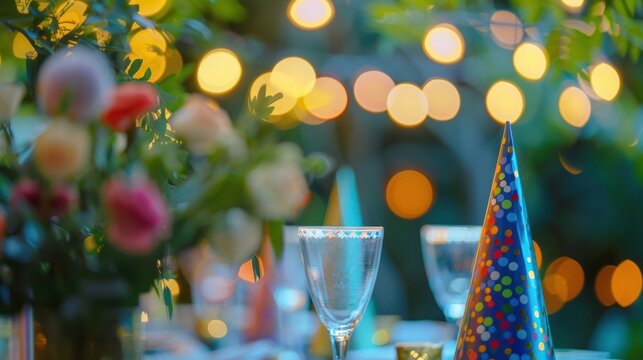 Blurred greenery and pops of color from party hats and table settings