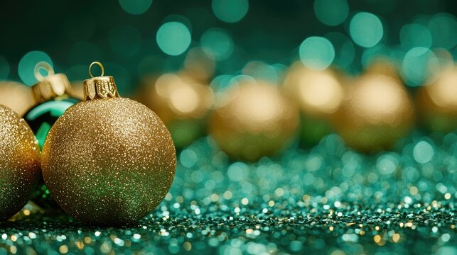 Gold Christmas baubles and green ornaments are artfully arranged on a shiny emerald green background, enhanced by a bokeh effect, providing ample space for text or headlines.
