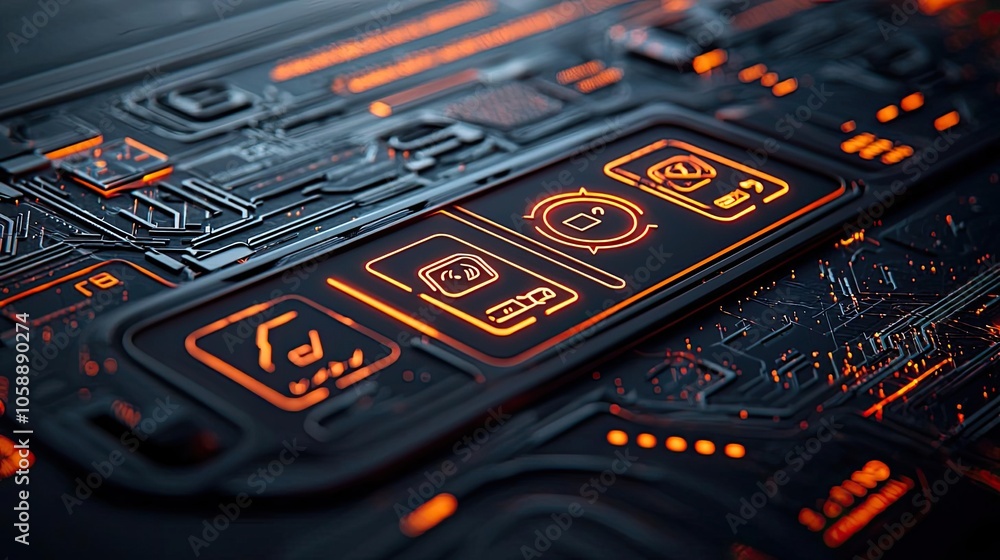 Aufkleber futuristic circuit board with glowing orange elements on a dark background.