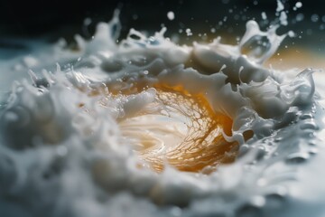 Milk splashes dynamically in a swirling motion, creating a captivating, fluid vortex with intricate detail and energy.