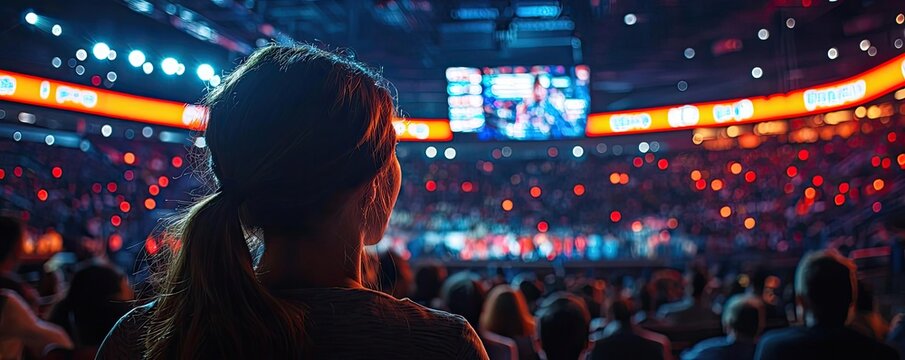 Person watching a thrilling sports event in a brightly lit arena.