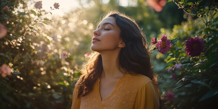 A woman closes her eyes and enjoys the scent of flowers. She has long hair, is wearing a yellow dress, and stands surrounded by blooming flowers.