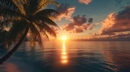 Breathtaking tropical sunset illuminates the peaceful ocean, creating a serene atmosphere perfect for relaxation. Ideal for use, this tropical sunset image offers ample copy space.