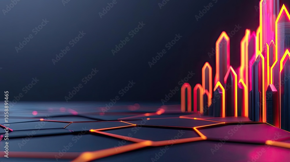 Poster abstract futuristic geometric shapes with glowing neon lines in dark environment.