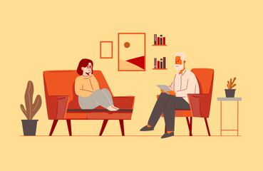 Vector illustration showing a psychotherapy session where a girl shares her thoughts with her psychotherapist. The atmosphere in the psychologist's office. The doctor takes notes during therapy.