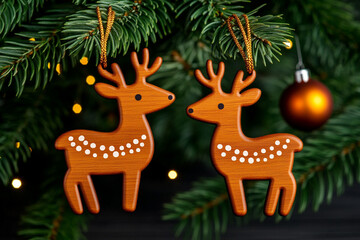 Naklejka premium Charming two wooden deer toys hanging on a Christmas tree branch, highlighting eco-friendly and festive holiday decor.