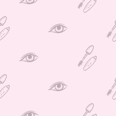 Simple pink monochrome seamless pattern with makeup, eyes and mascara. Vector background for a beauty salon, advertising the services of a hairdresser, cosmetologist. Set of symbols and icons 