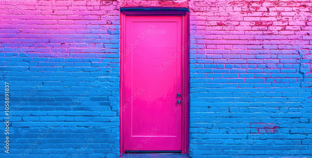 Wall mural a pink door is in front of a blue brick wall