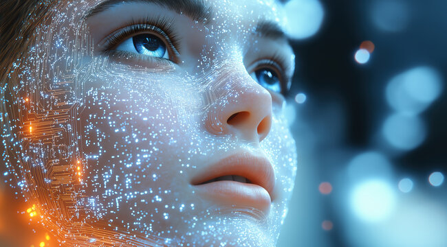 AI Artificial intelligence cyber. Futuristic AI abstract design, intricate circuitry pattern. AI Robot face, virtual human, virtual character, digital clone, machine learning. Realistic photo