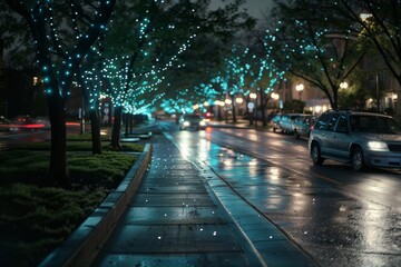 Rain-kissed city streets illuminated by glowing blue lights create an enchanting night atmosphere, perfect for a reflective evening stroll.