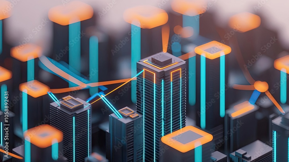 Poster futuristic city skyline with digital interfaces and glowing elements.