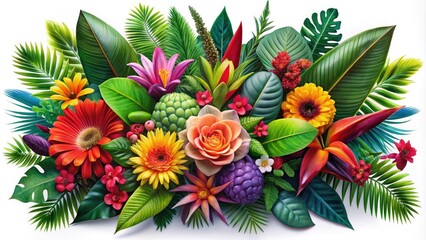 Fototapeta premium Surreal Tropical Leaves and Flowers Garland Bouquet Isolated on Transparent Background for Creative Design and Decoration