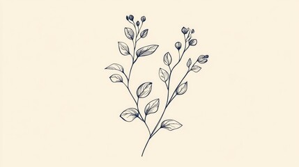 A black and white line drawing of a plant stem adorned with small leaves, showcasing intricate details.