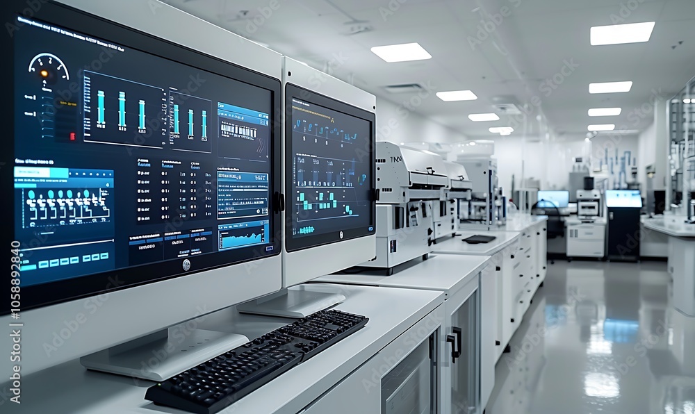 Poster A modern laboratory featuring advanced computers and monitors displaying data analytics and graphical interfaces on sleek desks.