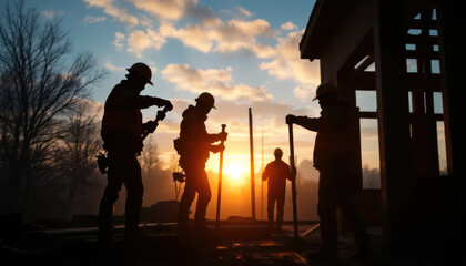 Obraz premium Early morning on the job site silhouettes against the sunrise, hot coffee steam, hard hats, men at work