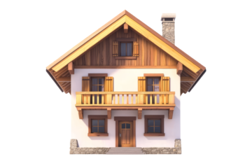 Swiss alpine chalet with wooden balconies and pitched roof, placed on a white backdrop