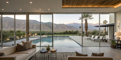 A large living room area with a panoramic view of the desert mountains and pool area Las Vegas or Palm Springs