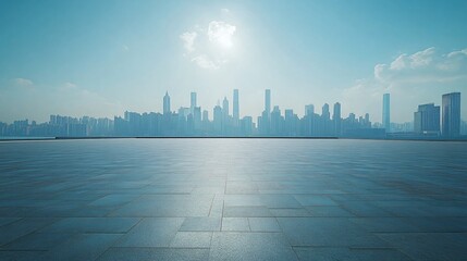 Urban Skyline with Central City View Featuring Pathway and Parking Area for Automotive Advertising
