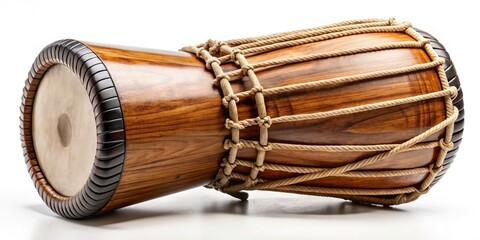 Traditional Djembe Drum Photography on White Background - Natural Wood, Rope Tensioning, Musical Instrument, Cultural Heritage, Percussion, Ethnic Music, Artisanal Craftsmanship