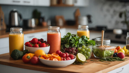 A vibrant and healthy food setup featuring fresh vegetables, fruits, and meal prep containers. 