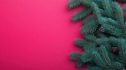 Aesthetic pink christmas background with fresh dark green fir branches, copy space. Generative AI