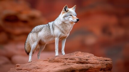 Majestic Wolf Silhouetted Against Sunset on Rocky Cliff