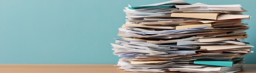 Stack of disorganized papers on a desk against a blue wall.