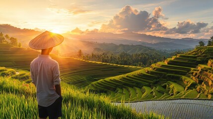 Fototapeta premium Traditional Balinese rice terraces at sunrise, layered hills in the background, rice terraces sunrise, exotic landscape