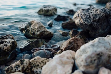 Fototapeta premium An octopus peeks out between weathered stones beside tranquil waters, embodying a delicate balance of nature.
