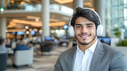 Obraz premium Smiling Businessman Wearing Headphones in Modern Office