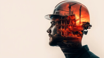 A dynamic double exposure of a construction worker with machinery and tools, representing the dedication and skill of the industry