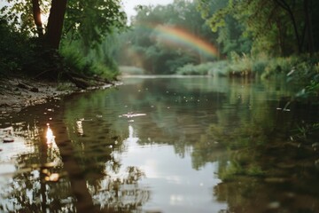 A tranquil river with a vivid rainbow arcing gracefully above, surrounded by lush greenery in the serene morning light.