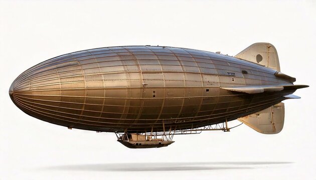Illustration of a steampunk zeppelin balloon floating isolated centrally with plain white background. Graphic design resource with copy space and no people. Historic mode of transport