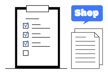 Checklist with blue checkmarks and documents next to a speech bubble with the word Shop. Ideal for business organization, inventory management, retail planning, task tracking, and workflow