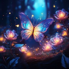 glowing butterfly gracefully dances over luminous flowers in a magical nighttime forest