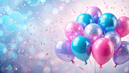 A cluster of vibrant balloons in shades of pink, blue, and purple, adorned with sparkling confetti, floats against a backdrop of soft, pastel hues.