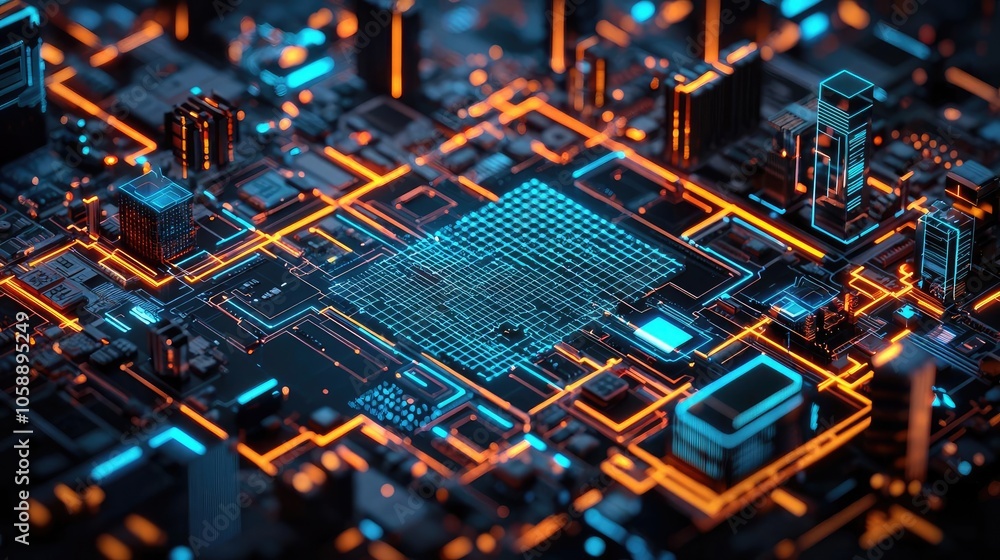 Poster futuristic circuit board with neon lights and intricate electronic components.