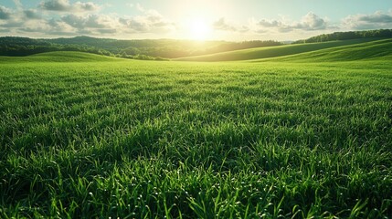 Fototapeta premium natural grass field shines under soft sunlight, creating a serene outdoor wallpaper, lush and vibrant green, perfect for conveying tranquility and the beauty of the outdoors