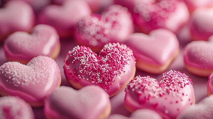 Obraz premium The pink doughnuts in heart shapes with white glaze and small sugar sprinkles on top