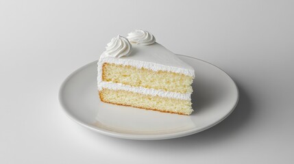 Delicious slice of vanilla cake with cream frosting on a white plate