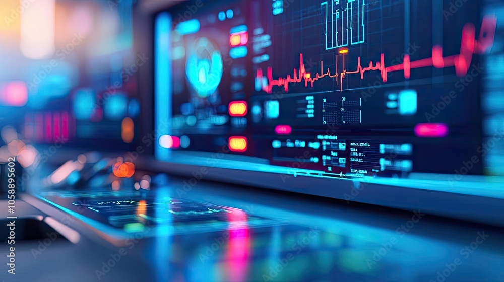 Poster close-up of advanced medical monitoring equipment with colorful graphs, data analysis.