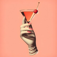 a vintage retro female hand holding a cocktail isolated on a plain background, 1960s and 70s style