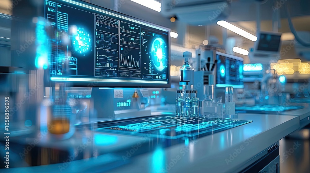 Poster high-tech laboratory with glowing screens and glass instruments, showcasing advanced research.