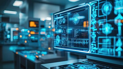 Obraz premium Futuristic computer screen displaying advanced data analytics in a lab setting.