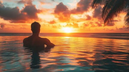 Fototapeta premium Man in swimming pool at luxury beach hotel with at sunset, tropical holidays vacation, tourism and travel concept.