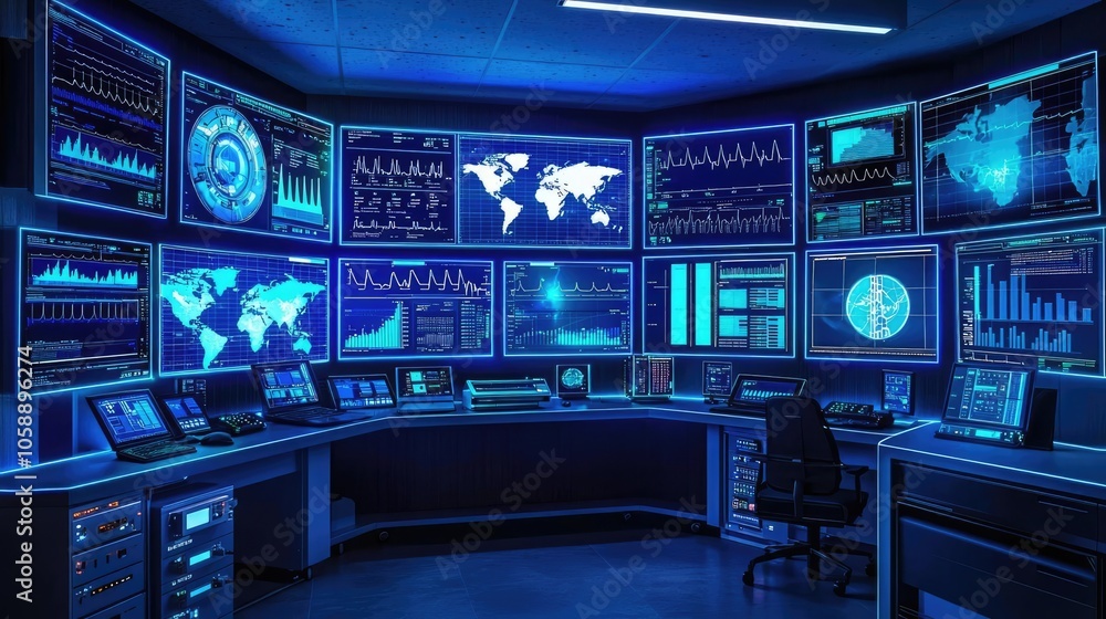 Aufkleber High-tech control room with numerous screens and data visualization.