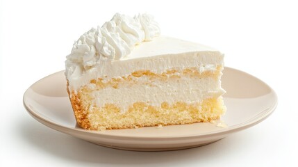 Delicious slice of classic vanilla cake with whipped cream topping on a beige plate