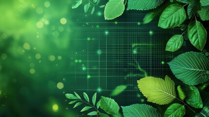 Green leaves and digital grid background, representing eco-technology and sustainability concept