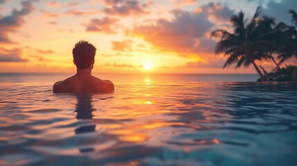 Fototapeta premium Man in swimming pool at luxury beach hotel with at sunset, tropical holidays vacation, tourism and travel concept.